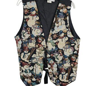 Snowman Vest M Winter Button-Up Christmas Holidays Unisex Vtg Layer Adj Tie Back